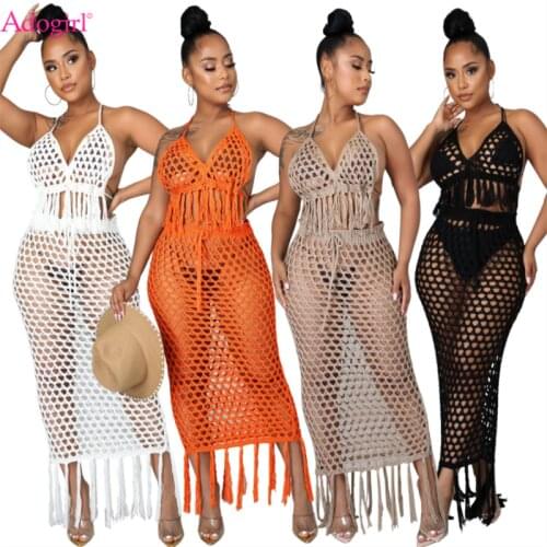 Adogirl Women Sexy Tassel Knitting Holiday Beach Suit Mesh Hollow Out Two Piece Set Swimsuit Cover Up Halter Bra Top Maxi Skirt
