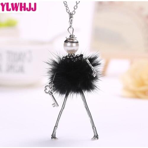 YLWHJJ brand New Black Color Rubbit Fur Jewelry Cute Girl Doll pendant Long maxi Necklace Women fashion Jewelry Collier femme
