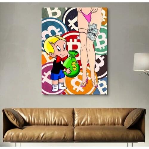 100% Hand Painted Pop Art graffiti Artworks Cartoon Richie Riche Bitcoin Oil Painting on Canvas for Room Decoration