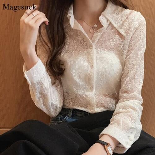 Turn-down Collar White Blouse Women 2021 Spring Crochet Lace Floral Fashion Female Shirts Button Solid Ladies Blouses Tops 13125