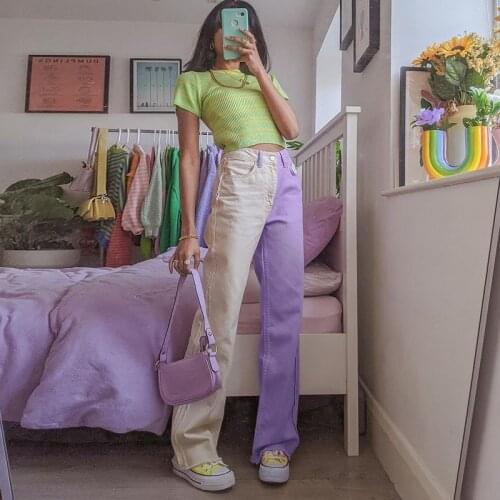Autumn Winter Women Pants Fashion Purple Stitching Trousers Streetwear Tide Cool Casual Straight Pants High Waist Cotton Jeans