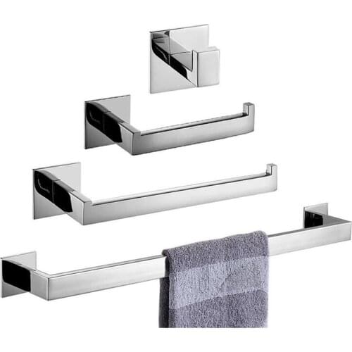 Nail-free Chrome Bathroom Hardware 4pcs Bathroom Accessories Stainless Steel Towel Bar Robe Hook Toilet Paper Holder Towel Ring