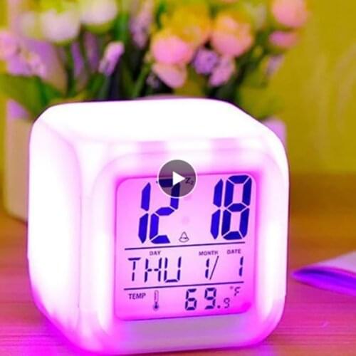 Multifunction Portable Alarm Clock 7 Color Large LED Change Digital Glowing Home Decoration Home Bedroom Alarm Clock Thermometer