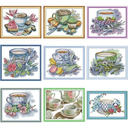 Various flowers tea cup series count cross stitch kit DMC 14CT11CT canvas embroidery needlework kit DIY home decoration painting