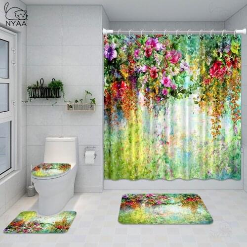 Colorful Flowers 3d Print Shower Curtain Set Bath Mats Rugs Durable Waterproof Bathroom Curtains Pedestal Rug Lid Toilet Cover