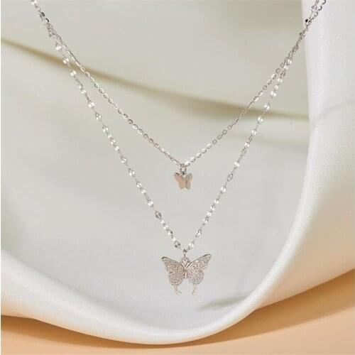 New Fashion Exquisite Crystal Butterfly 925 Sterling Silver Jewelry Fairy Double Layered Personality Pendant Necklaces XL001