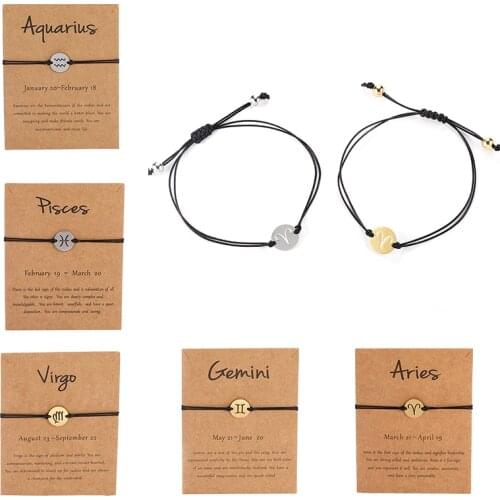 12 Constellations Black Rope Wax Cord Woven Bracelets For Women Men Gold Silver Color Birthday Gift Stainless Steel Bracelets