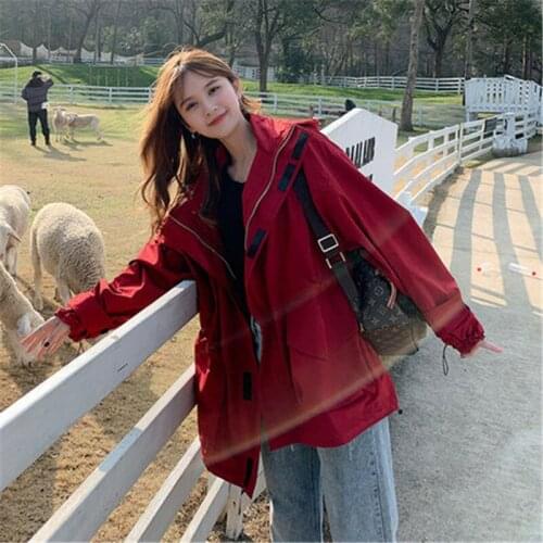 Casual Hooded Windbreaker Female 2020 Spring Autumn Korean style loose tooling Long Trench Coats for Women Outerwear b475