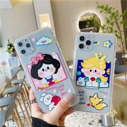 Transparent Cute Cartoon Phone Case for iPhone 11 Pro Max 12 X Xs Xr 7 8 Plus Cartoon Prince and Princess Shockproof Soft Cover