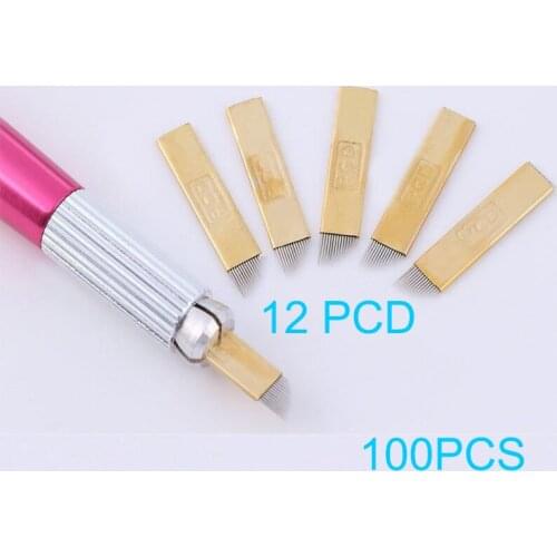 Recommend!!!100PCS Permanent Eyebrow Makeup Manual Tattoo Bevel Blades 12 Needles for microblding pen tattoo needles