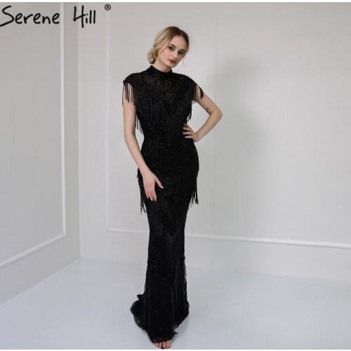 Serene Hill Dubai Black Mermaid Sexy Evening Dress Sleeveless Beading Tassel Luxury Formal Party Wear Gown 2020 CLA70529