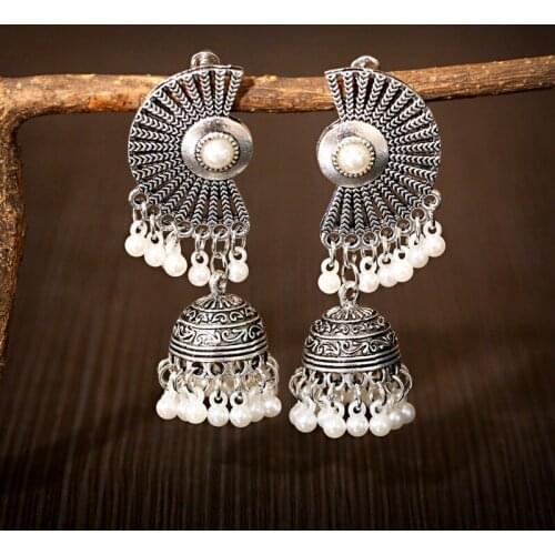 Retro Silver Color Sector Jhumka Earrings For Women Boho Gypsy Pearl Tassel Indian Drop Earrings Orecchini Jewelry