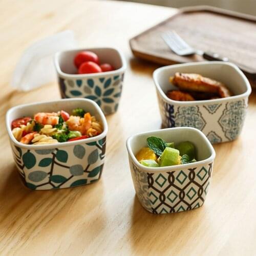 Blue Color Multi-pattern Series Tetragonal Ceramic Fresh-keeping Bowl with Lid Microwave Bowl Food Storage Containers