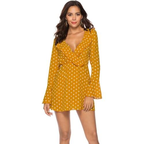 Fashion Casual Chiffon Dress 2021 Spring And Autumn New Polka Dot Printed V-Neck Ruffle Dress Slim Flared Sleeve Chiffon Skirt