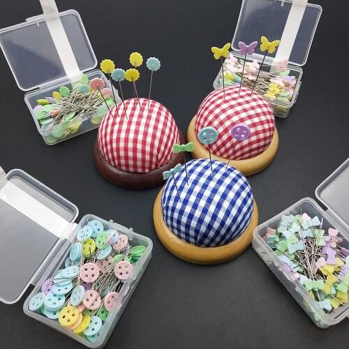Steel 100pcs Positioning Pins And 7cm Wooden Bottom Pin Cushions Safety Craft Needle Holder DIY Home Sewing Tools Accessories