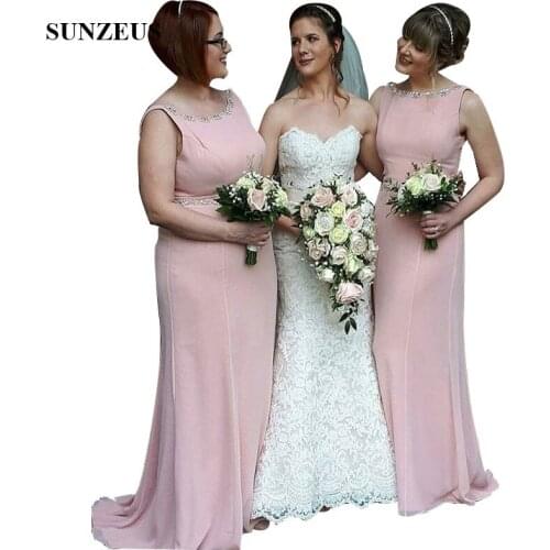 Rhinestones Beaded Scoop Neckline Long Pink Chiffon Bridesmaid Dresses 2020 Party Gowns vestido de festa longo para casamento