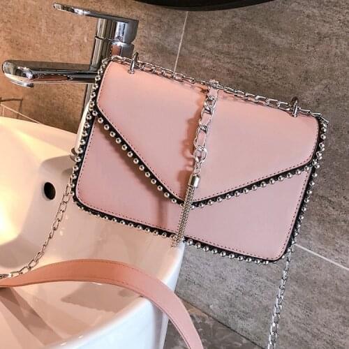 Rivet Crossbody Bags For Women Pu Leather Luxury Square Handbags Women Bags Designer Tassel Chain Shoulder Bag Sac A Main