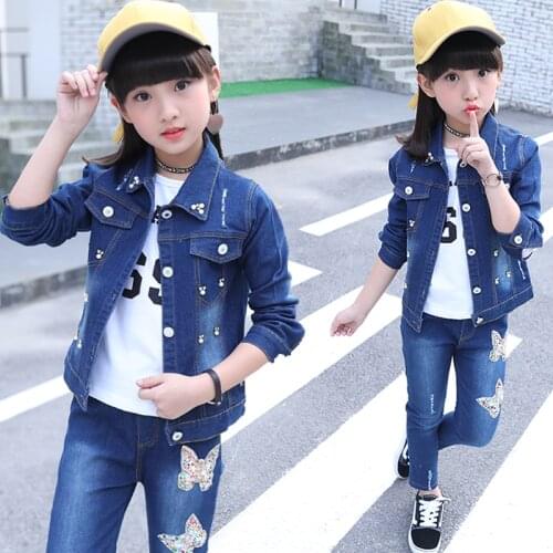 DIIMUU Spring Autumn Girls Clothes Children Clothing Sets Coat + Jeans 5-13T Baby Girl Outfit Suit Denim Jacket Kids Clothes Set