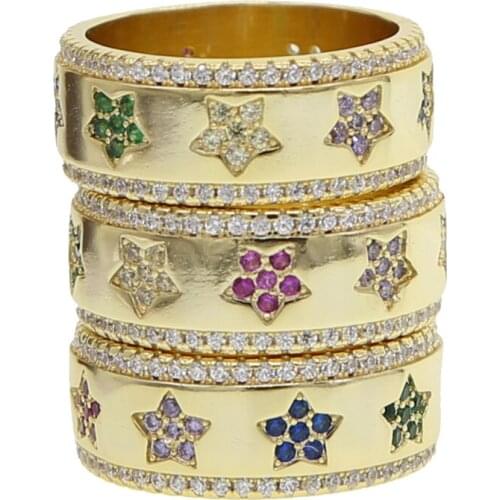 High quality star signet ring Gold filled fashion european women rainbow cz inset minimal delicate flower engagement rings