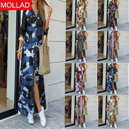 Womens Clothing European and American Autumn and Winter Long Sleeve Printing Maxi Dress Women Shirt Dresses