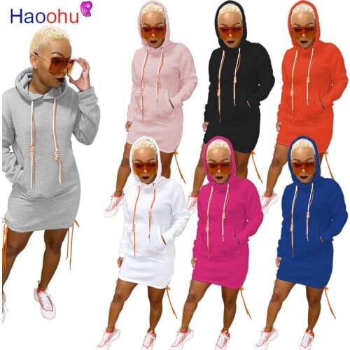 Active Wear Tie Up Hoodie Sweatshirt Dress Women Autumn Winter Long Sleeve Hooded Dresses Streetwear Casual Pockets Short Dress