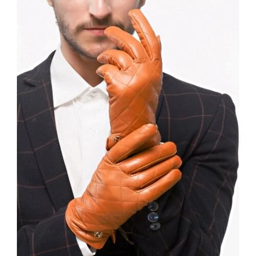 Winter Mens Leather Gloves Fashion Men Sheepskin Wrist Solid Genuine Leather Male Plus Velvet Warm Driving Gloves Free Shipping