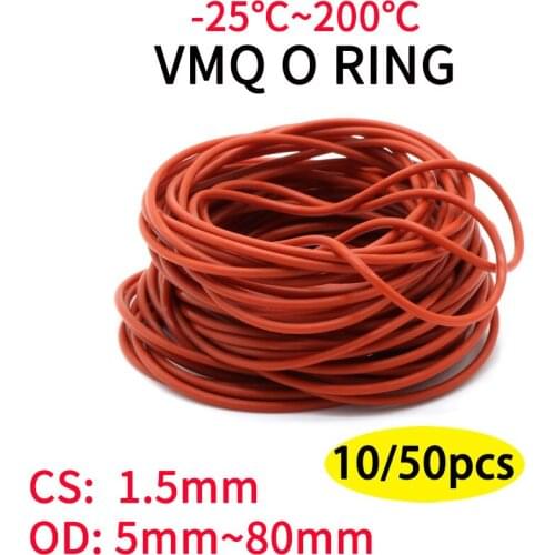 10pcs VMQ O Ring Seal Gasket Thickness CS 1.5mm OD 5 ~ 40mm Silicone Rubber Insulated Waterproof Washer Round Shape Nontoxi Red