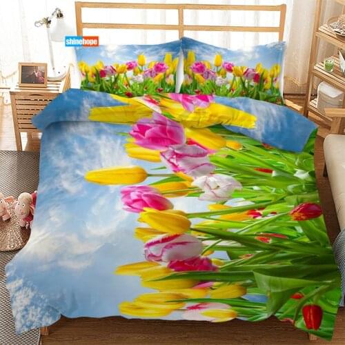 Flowers Tulips 3PCS Duvet Cover Satin Bedding Set Twin Size 180X220CM Bedspread Nordic Bed Cover