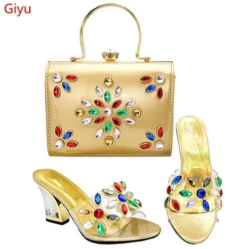Doershow hot selling African Wedding Shoes and Bag Set gold Color Italian Shoes with Matching Bags Nigerian Women party! HMS1-5