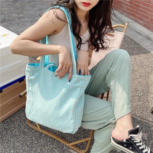 Yeqofcd Double Sided Canvas Shoulder Bag Simple Lattice Cotton Tote Casual Handbag Student Female Ladies Shopper Bags