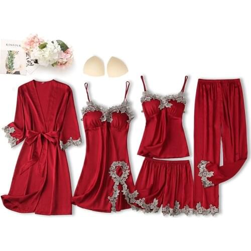 Spring Summer Women 5PCS Pajamas Set Sexy Burgundy Wedding Robe Set Loose Faux Silk Kimono Bathrobe Gown With Chest Home Clothes
