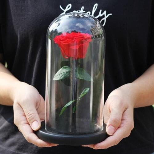 Beauty And The Beast Red Rose In Flask Glass Dome On A Wooden Base For Christmas Day Gift Home Table Decoration Eternal Flowers