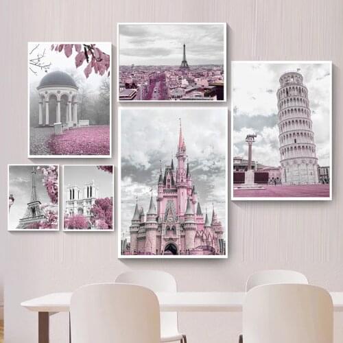 Pink Flower Paris Poster Wall Art Print France City Building Castle Nordic Canvas Painting Home Pictures For Living Room Decor