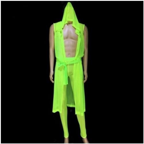 Nightclub bar stage show Sexy See-through Men Suits Fluorescent Green Pink Cloak Leotard Pants dancer costume