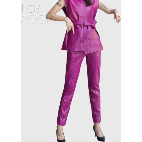 Novmoop colored genuine leather women pensil pants metal button decor at front flyer ankle length holiday style Pantalon LT3394