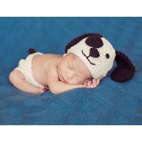 Adorable Newborn Baby Soft Knitting Photo Clothing Big Ear Dog Shape Smiling Rabbit Hat Hundred Day Infant Wool Photography Suit