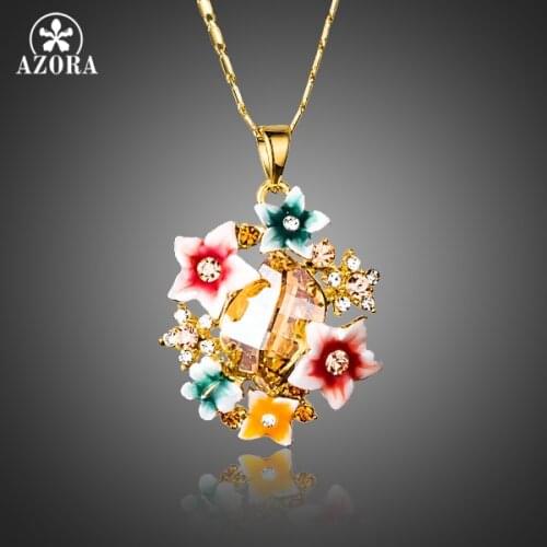 AZORA Multicolour Gorgeous Gold Color Flower Stellux Austrian Crystal Oil Painting Pattern Pendant Necklace TN0174