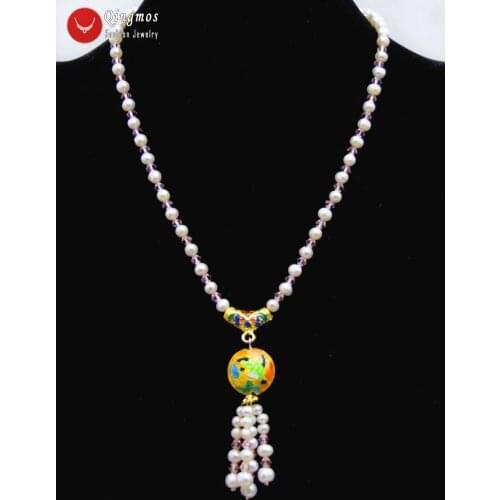 Qingmos Natural 5-6mm Round White Pearl Necklace for Women with Pink Crystal & 18mm Cloisonne Pendant Necklace Jewelry Nec6326
