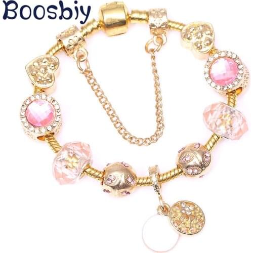 Luxury Fashion Gold Color Charm Bracelet DIY Crystal Leaves Beads Fit Brand Charm Bracelets For Women Jewelry Gift