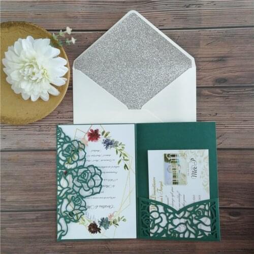 Rustic fall wedding invitation set green rose laser pocket fold invites glitter silver gold backing envelop
