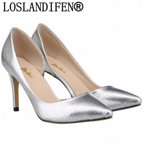 Women pumps Patent leather crocodile high heels PU women shoes Pointed Toe 8CM Thin Heels Side air Wedding Dress Shoes