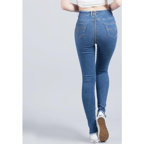 Open Crotchless Outdoor Sex Jeans Pants Women Fashion Zipper Back Skinny High Waist Denim Trousers Hot Sexy Clothes Female