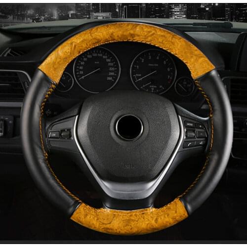 38cm Universal Car Steering Wheel Cover Wooden Leather Braid With Needles Thread