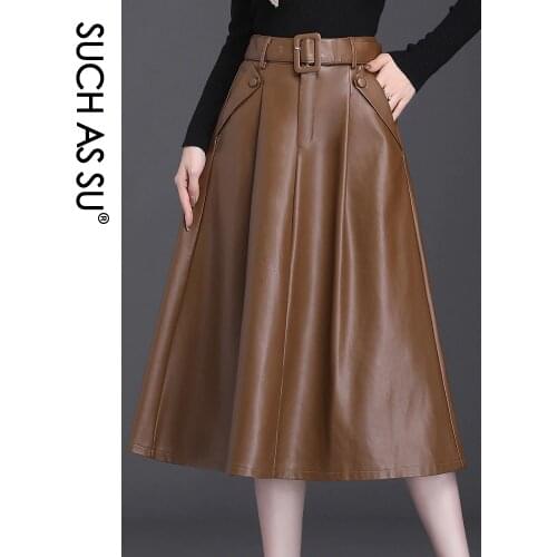 SUCH AS SU 4 Colors Available Autumn Winter New Arrival Ladies Skirts Pockets Pleated High Waist Leather Plus Size Women Skirts