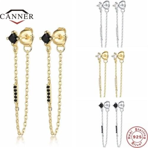 CANNER 100% 925 Sterling Silver Stud Earrings For Women Simple Zircon Long Chain Earings Piercing Earring Jewelry Pendientes