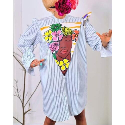 STYLISH LADY Striped Printed Shirt Dress 2021 Autumn Women Long Sleeve O Neck Front Button Casual Loose Cartoon Mini Dress