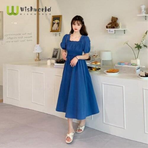 2021 New Retro French Vertical Pleated Bubble Sleeve Chiffon Dress Womens Elegant Party Club Dress Summer Sundress Blue Robe