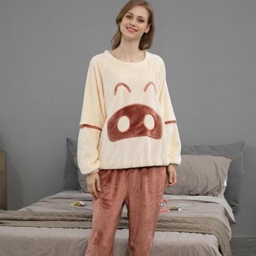Winter Cartoon Flannel Couples Men Pajamas Suit Loose Thickened Warm Homewear Women Pyjamas Set Long Sleeve Top Long Pants