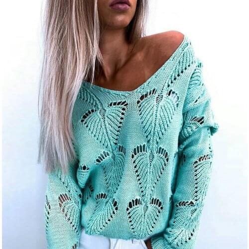 2021 Autumn Winter Sweater Women Fashion Hollow Out Design See Throough V-Neck Long Sleeve Solid Color Casual Loose Knitted Tops