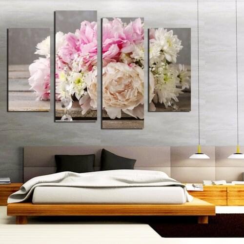 4 Piece Colorful Peony pink flowers Painting Home Decor wall Art Canvas Prints Modular Pictures